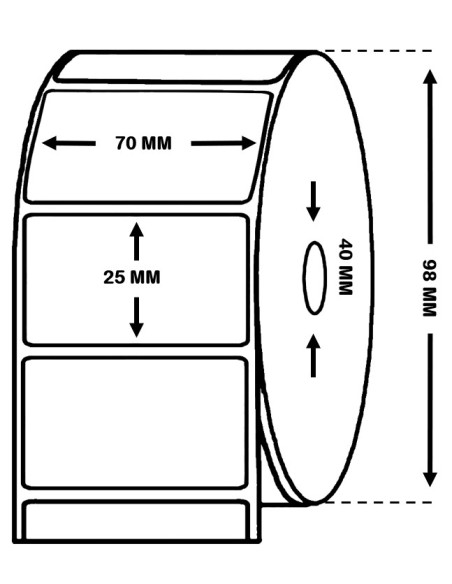Rollo de 1.500 etiquetas trepadas papel térmico tratado 70 x 25 mm