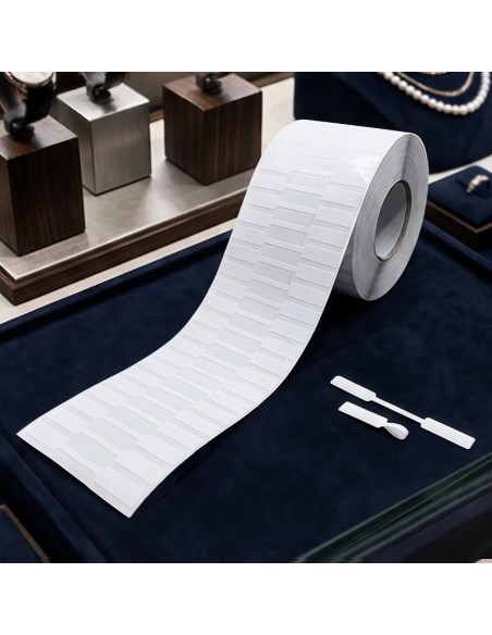 Rollo de etiquetas adhesivas para joyería junto a la muestra de etiqueta en su formato abierto y cerrado