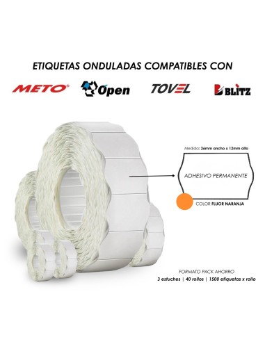 ETIQUETA 26X12MM ONDULADA NARANJA COMPATIBLE CON METO OPEN TOVE BLITZ TIENDA ETIQUETAS