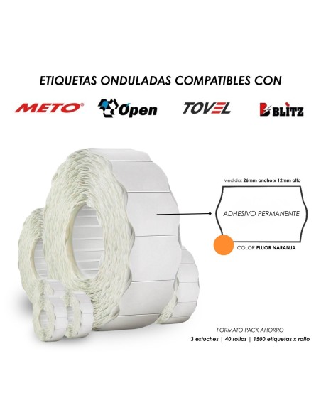 ETIQUETA 26X12MM ONDULADA NARANJA COMPATIBLE CON METO OPEN TOVE BLITZ TIENDA ETIQUETAS