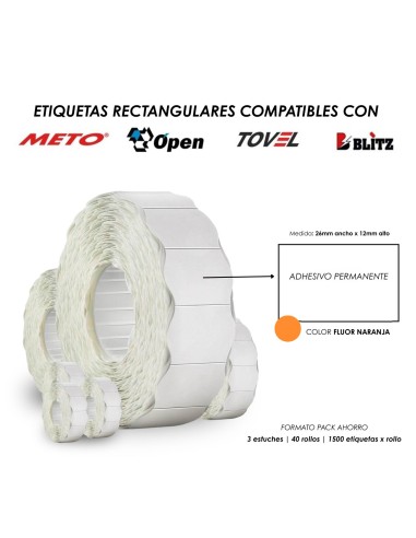 ETIQUETA ADHESIVO PERMANENTE NARANJA RECTANGULAR 26X12 COMPATIBLE TIENDA ETIQUETAS