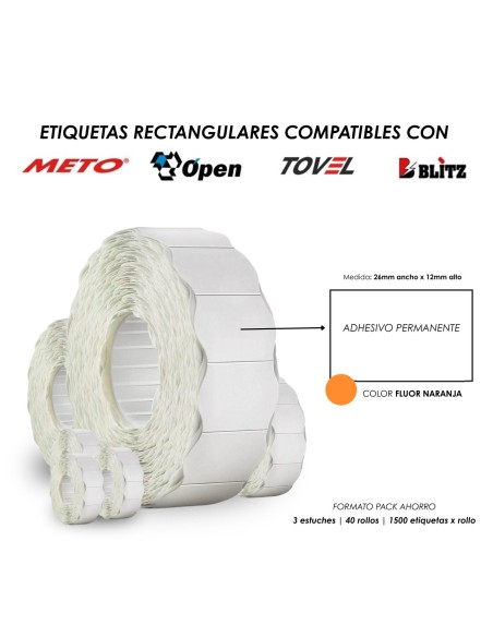 ETIQUETA ADHESIVO PERMANENTE NARANJA RECTANGULAR 26X12 COMPATIBLE TIENDA ETIQUETAS